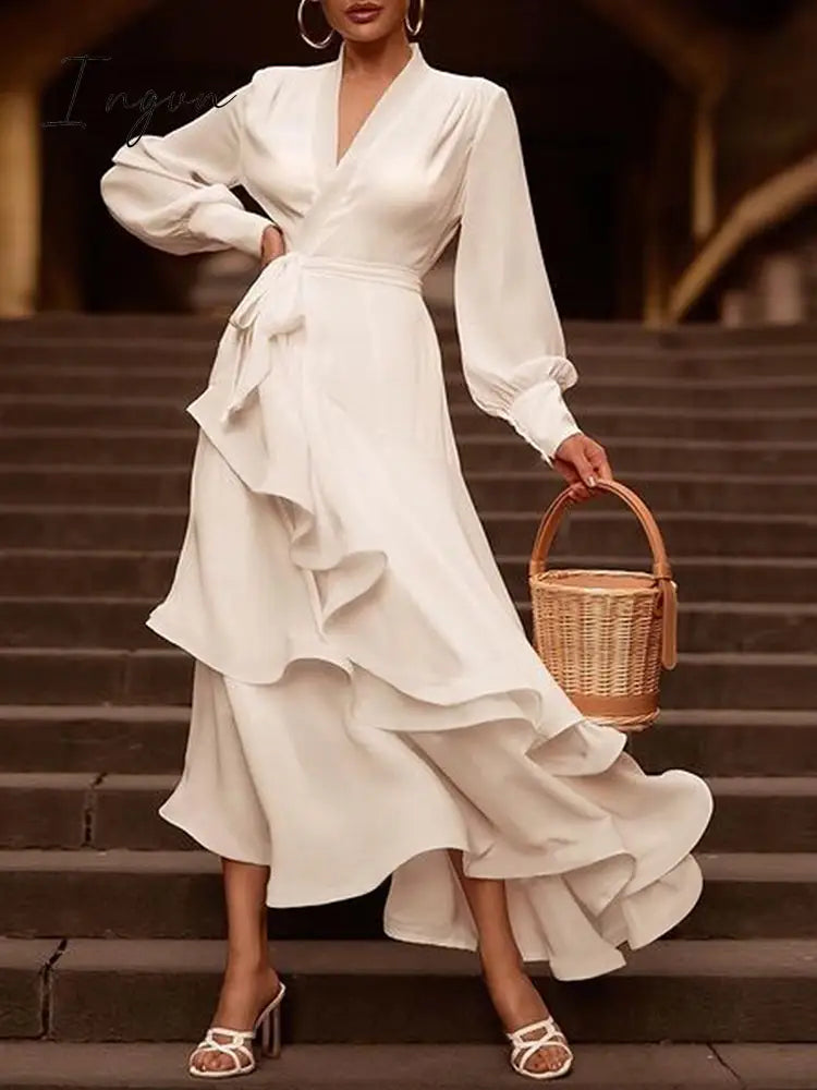 Ingvn - Outfits 2023 Elegant White Dresses Women Cascading Ruffle Long Sleeve V Neck Maxi Dress Fashion Spirng Autumn High Waist Dress Chic Evening