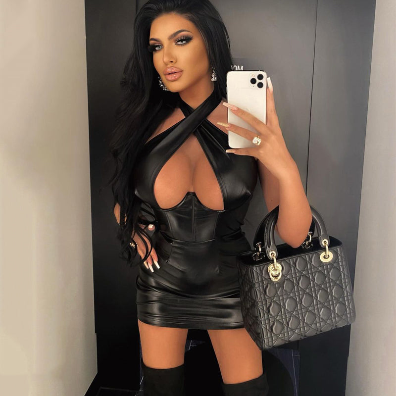 Pu Leather Faux Halter Hollow Out Slip Sleeveless Mini Dress Solid  Fall Bodycon Evening Party Elegant Vestidos