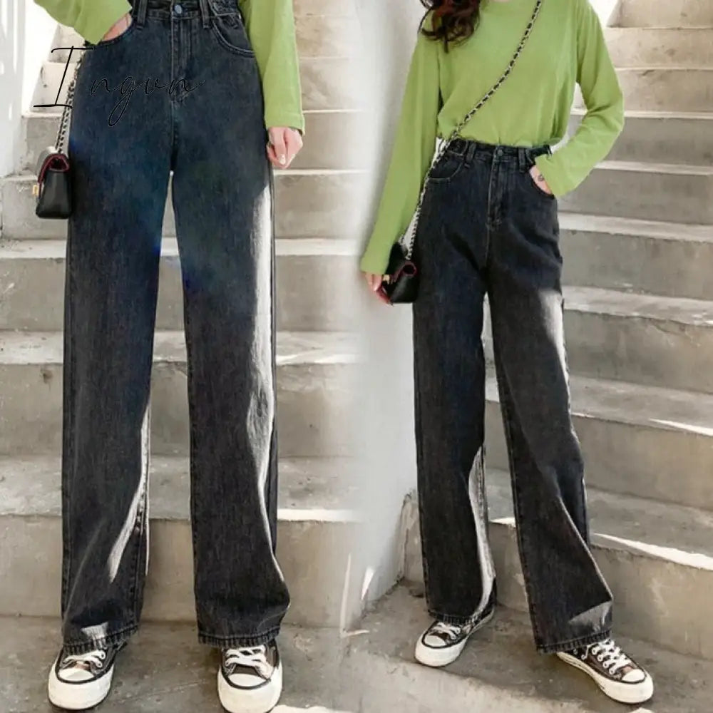 Ingvn - streetwear high waist women's fashion jeans woman girls women wide leg pants trousers female trousers denim bagge mom jeans