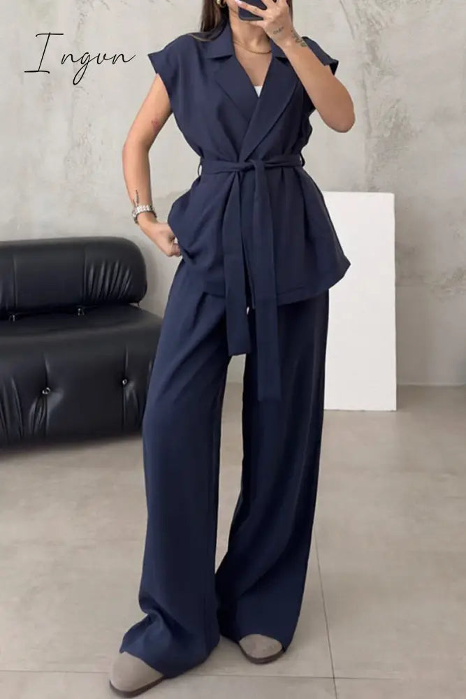 Ingvn - Casual British Style Solid Frenulum Turn-back Collar Sleeveless Two Pieces