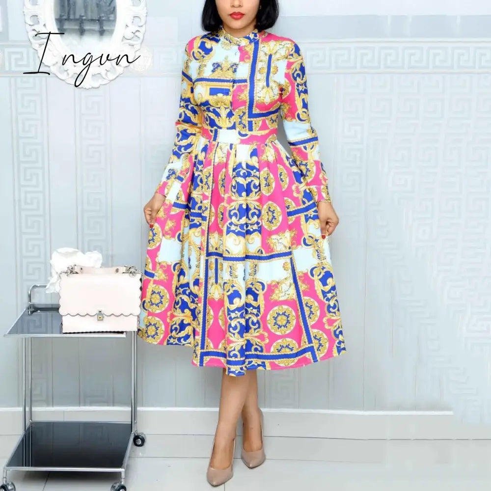 Ingvn - White Pleated Dresses for Women's Elegant Printed High Waisted Long Sleeve Autumn Fall New Evening Night Party Vestidos Hot
