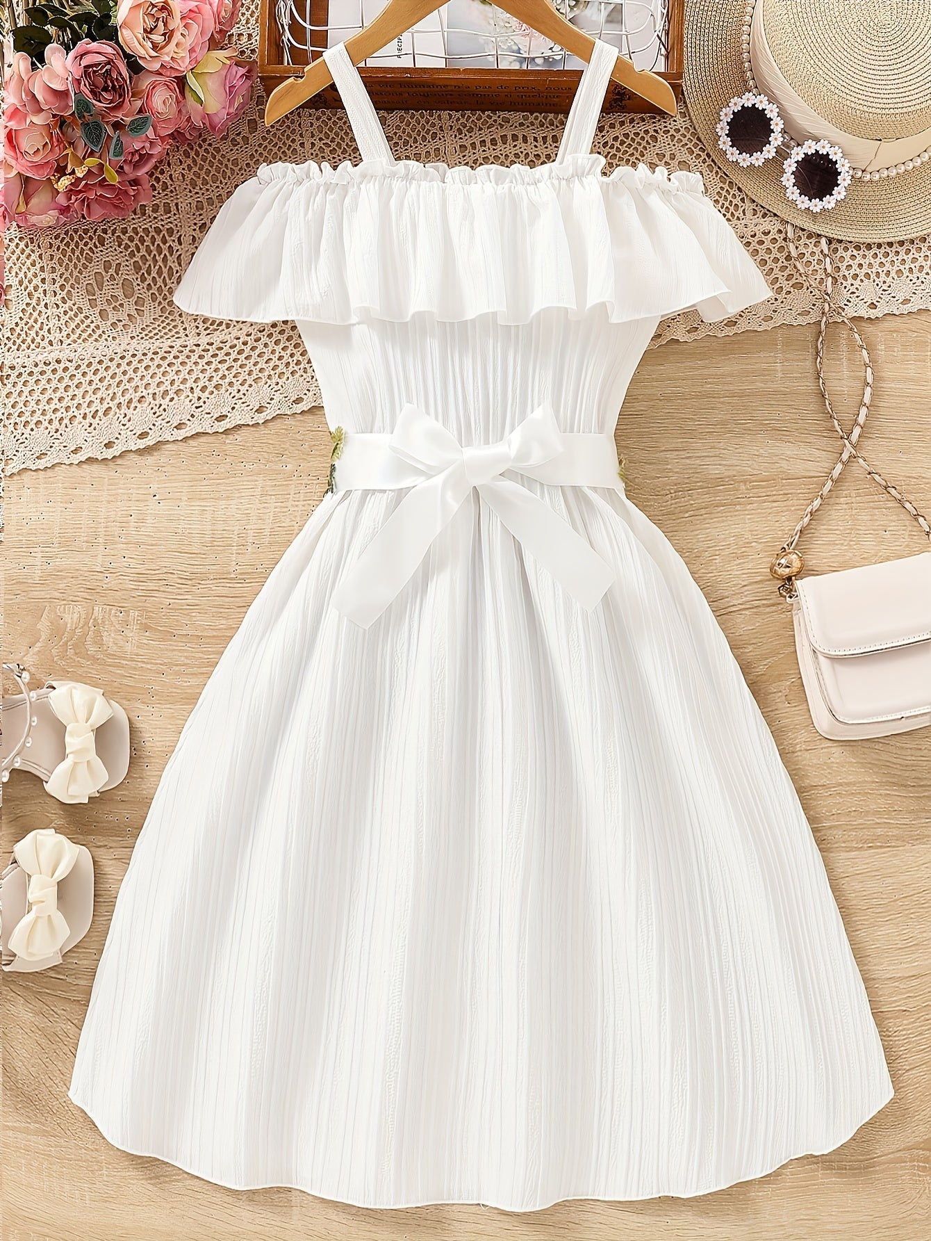 Charming Floral Ruffle Off-Shoulder Suspender Dress - Casual, Elegant, Spring and Summer Essential for Girls - Embroidered Flower Design, Comfortable and Versatile