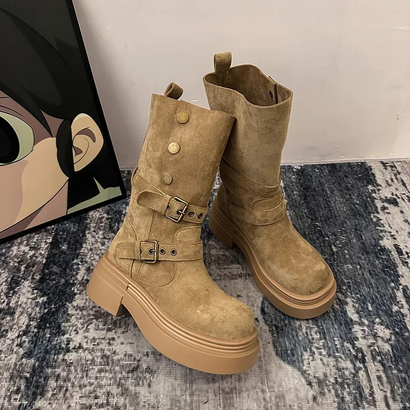 Ingvn  Vintage Spring Autumn Women Motorcycle Boots Fashion Belt Buckle Mid Calf Booties Platform Thick Heel Casual Ladies Shoes