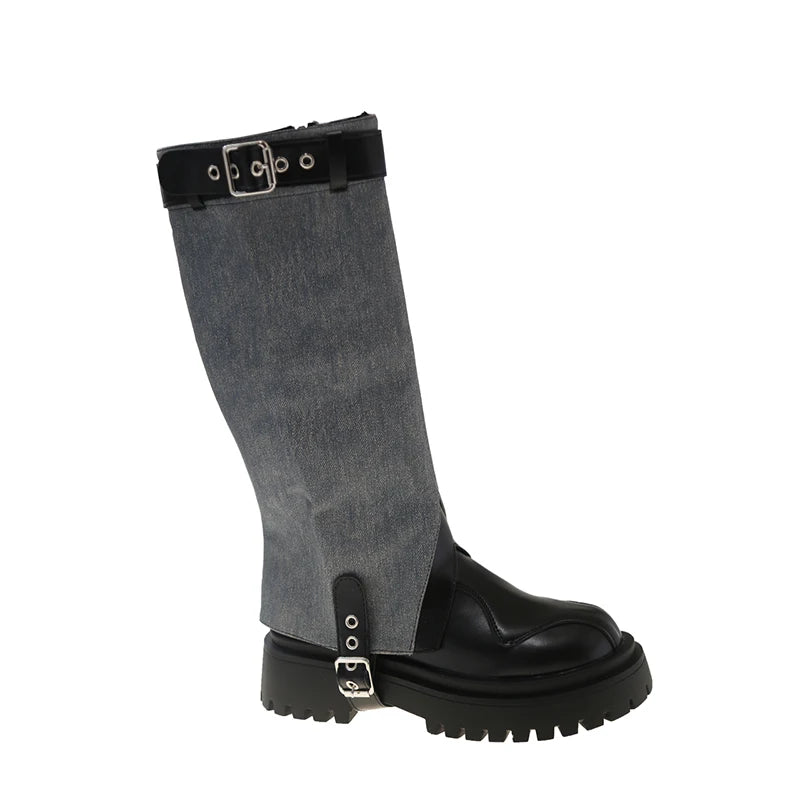 Ingvn  Vintage Winter Belt Buckle Women Knee High Boots Fashion Slip On Long Booties Designer Thick Heels Botas De Mujer