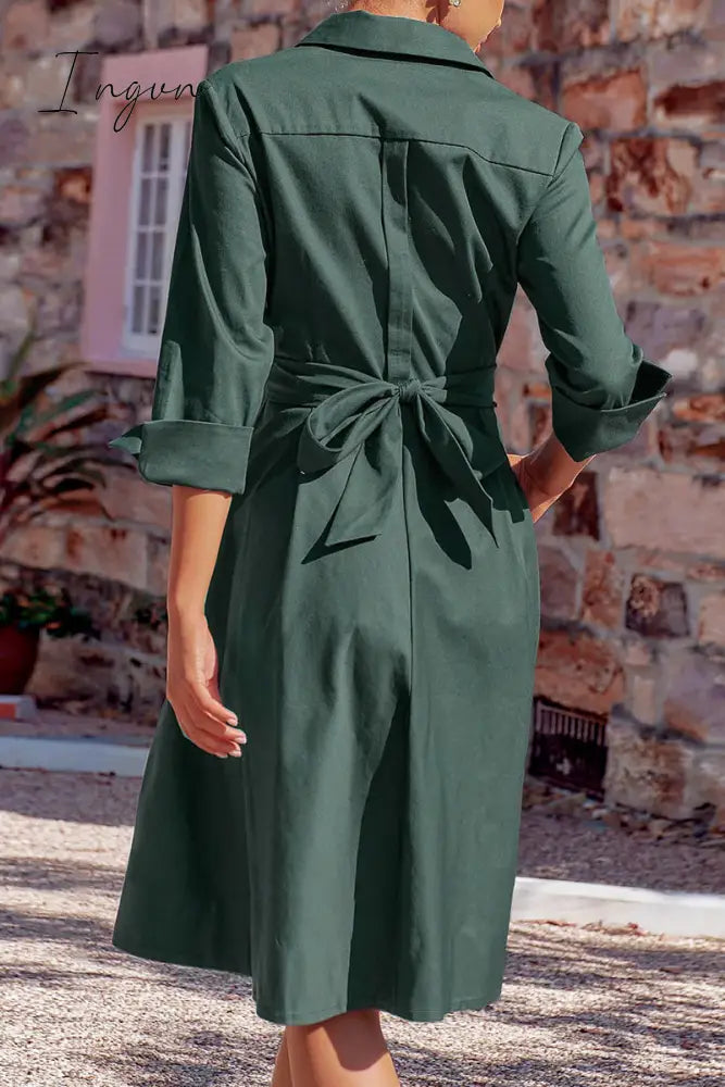 Ingvn - Elegant Solid Bandage Pocket Buttons Turndown Collar Shirt Dress Dresses