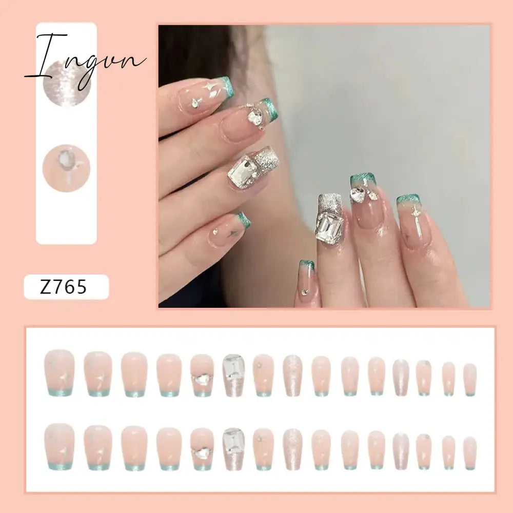 24pcs/Box Gradient Nail Art Patches False Nails Short Square Nail Blue Starry Glitter Teardrop Diamond Fake Nail Tips