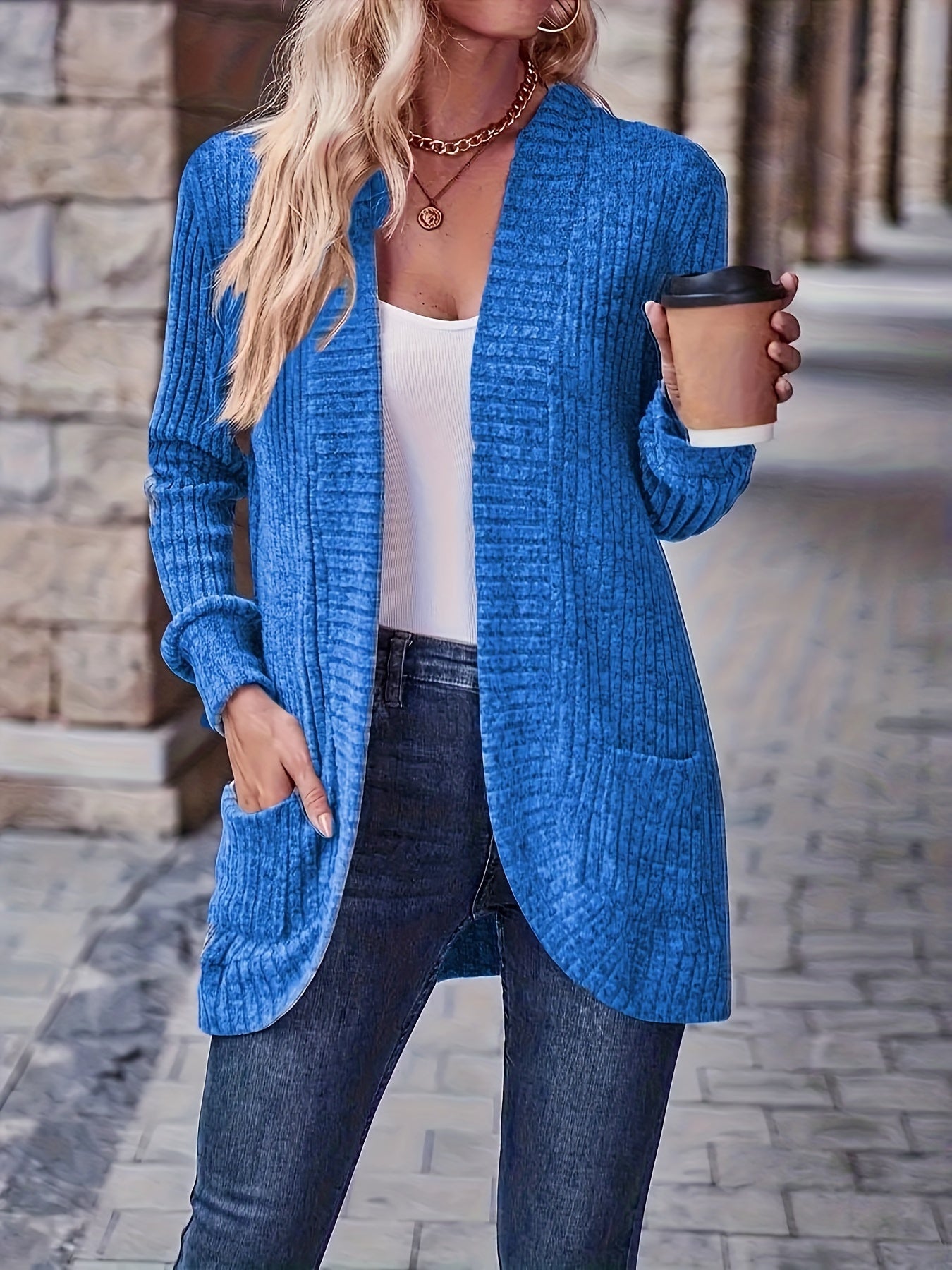 Solid Color Open Front Cardigan, Versatile Long Sleeve Pockets Cardigan For Spring & Fall, Women's Clothing