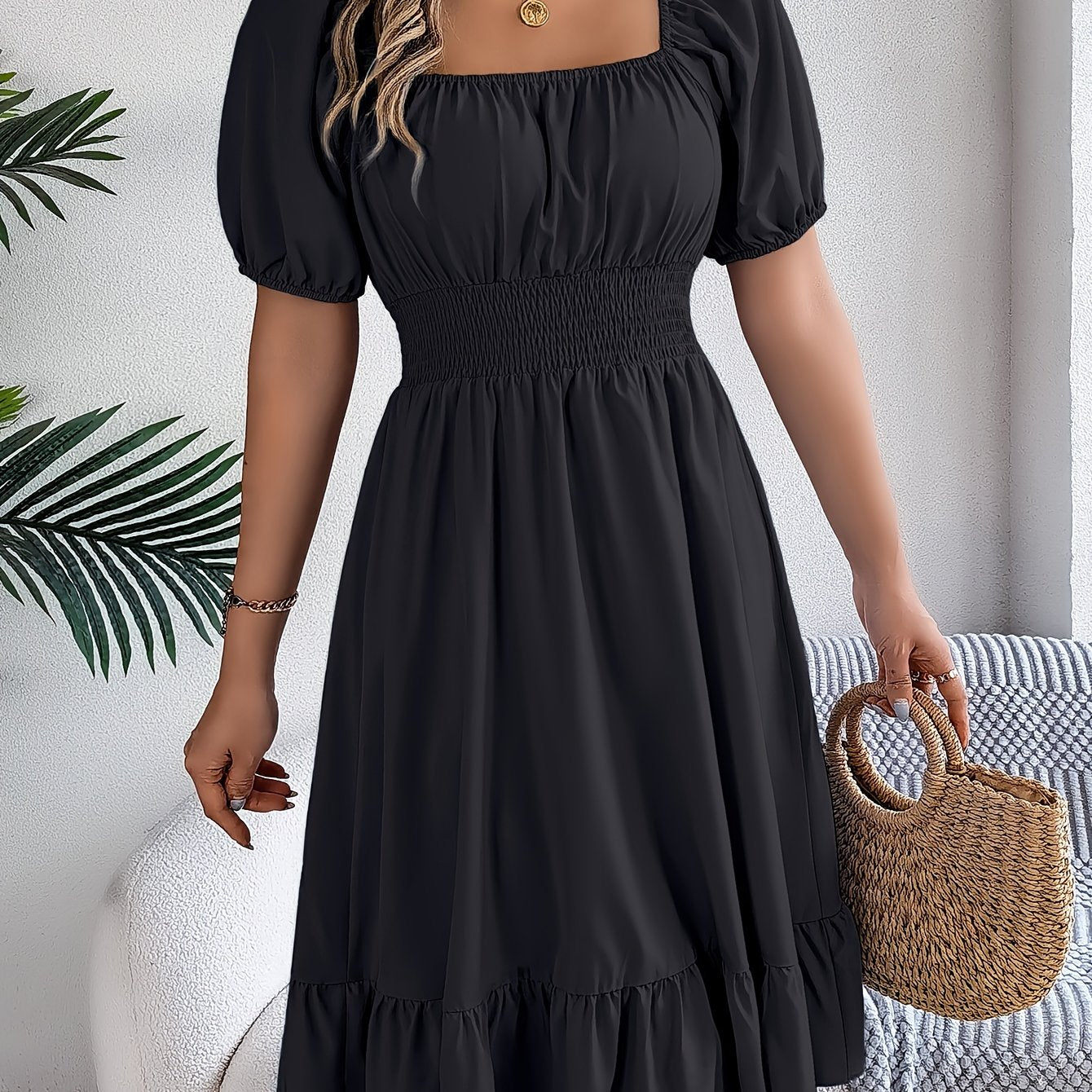 Solid Puff Sleeve Square Neck Waist Dress, Elegant Ruched Bust Ruffle Hem Dress, Women's Clothing Wedding graduation engagement occasion ceremony party holiday vacation birthday