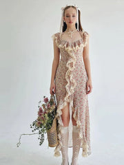 High Slits Colorful Maxi Dress Women Bandage Patchwork Lace Folds Irregular Low-Neck Sweet Skinny Temperament Vestidos