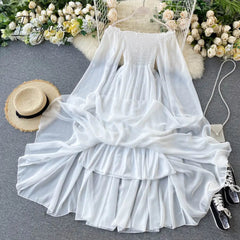 Ingvn - New Spring Autumn Dresses for Women Women Elegant Holiday Dresses Puff Sleeve Slash Neck Off Shoulder Smocked White Chiffon Dresses