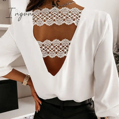 Ingvn - Chic Back V-shaped Hollow Lace Stitching Pullover White Blouse Fashion Sexy V-neck Autumn and Winter Long-sleeved Shirt  12460
