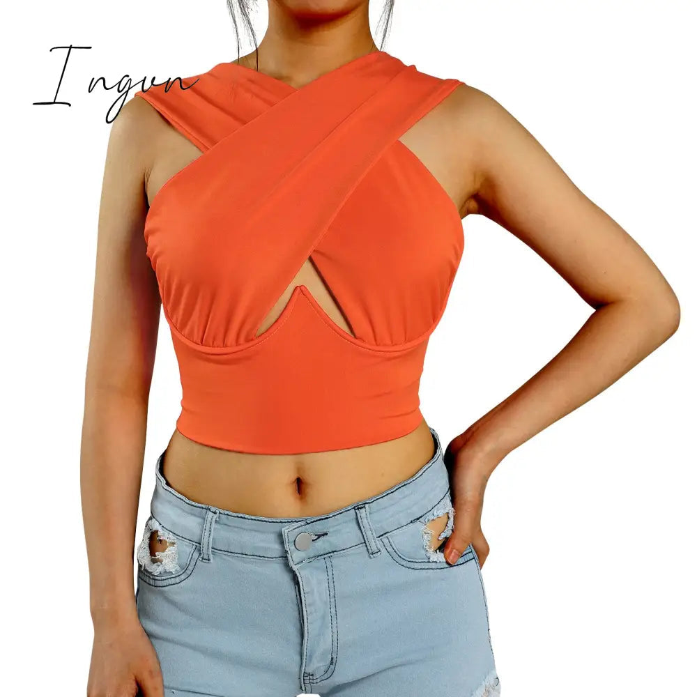 Ingvn - Women's Criss Cross Tank Tops Sexy Sleeveless Solid Color Cutout Front Crop Tops Party Club Streetwear Summer Lady Bustier Tops