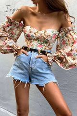 Ingvn - Summer Sexy Off The Shoulder Blous Women Fashion Slash Neck Tube Top Floral Puff Sleeve Blouse Women