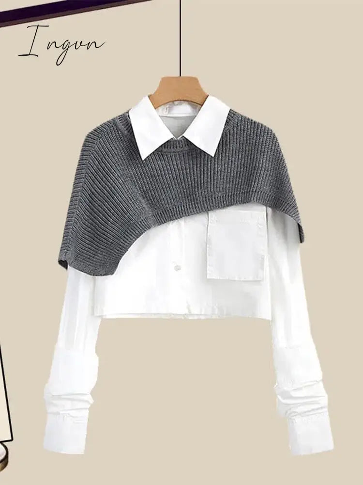 Ingvn - Spring Autumn Large Size Women's Shawl Shirt Three-piece Set+High Waist Knitting Half-body Skirt Set Women Fashion 3 Piece Set