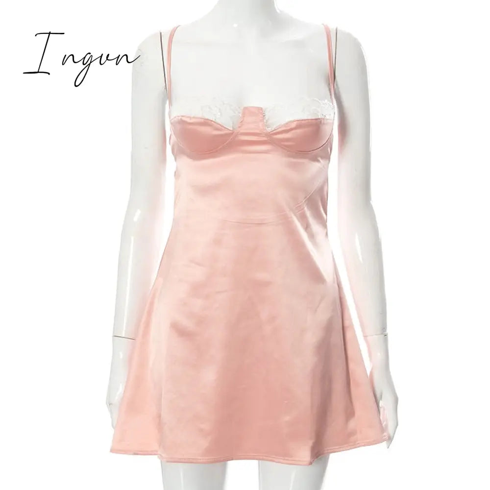Ingvn - New Sexy White Lace Trim Satin Mini Dress For Women Solid Backless Maxi Sundress Female Party Bodycon Dresses Streetwears