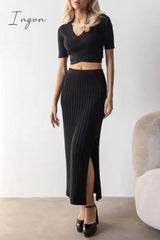 Ingvn - Elegant Solid Slit V Neck Short Sleeve Two Pieces