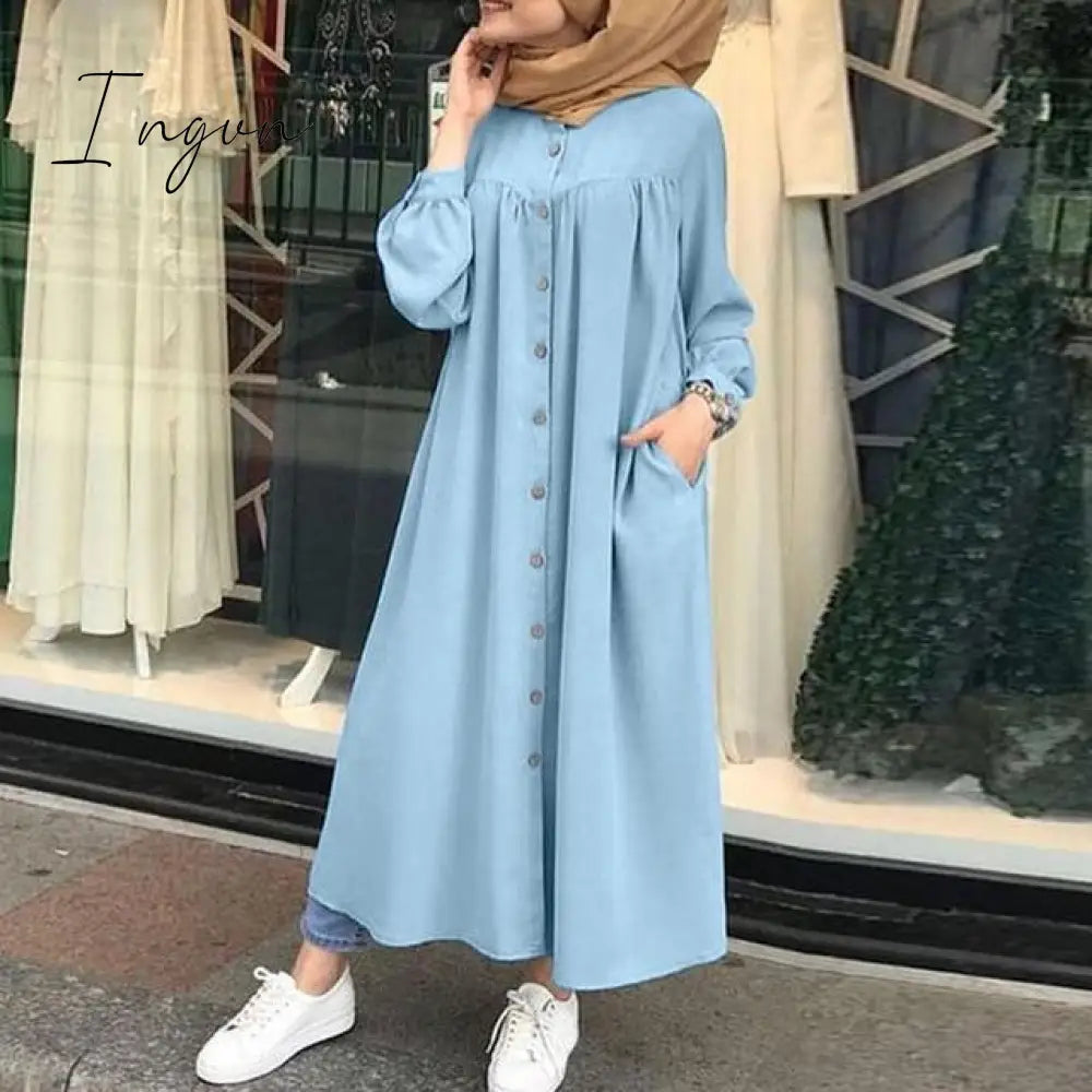 Ingvn - Plus Size Muslim Dresses Woman Shirt Dress Long Sleeve Maxi Vestidos Female Button Robe High Wasit Solid Sundress