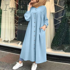 Ingvn - Plus Size Muslim Dresses Woman Shirt Dress Long Sleeve Maxi Vestidos Female Button Robe High Wasit Solid Sundress