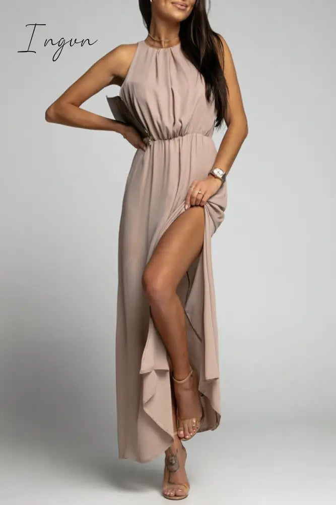 Ingvn - Elegant Solid Backless Slit O Neck Sleeveless Dress Dresses