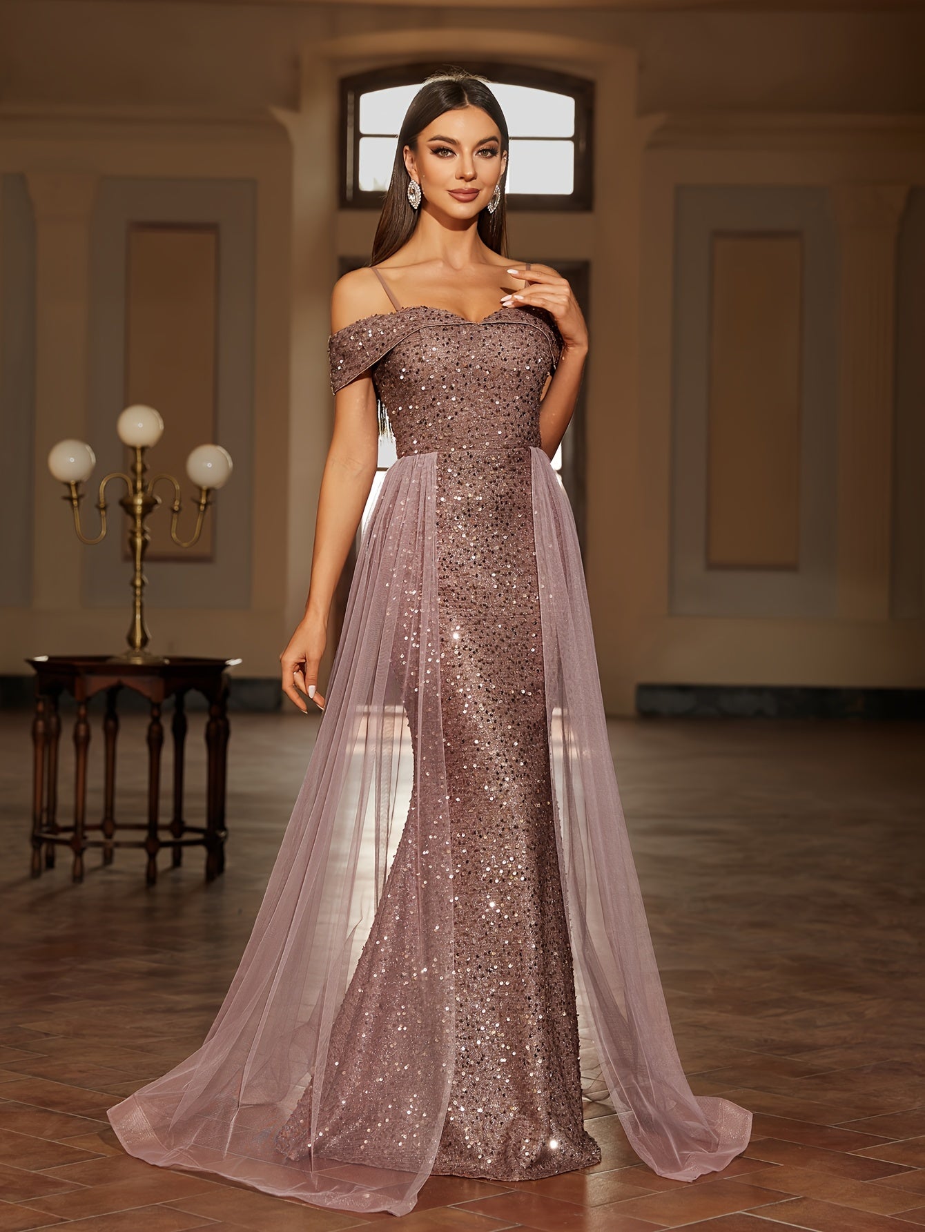 Sequined Contrast Mesh Cold Shoulder Asymmetrical Dress, Elegant Bodycon Dress For Party & Banquet, Women's Clothing