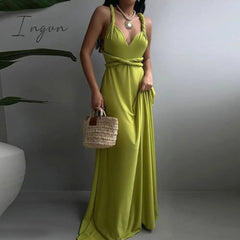Ingvn - Elegant Women Backless Deep V-neck Summer Sundress Solid Cocktail Female Dress Sexy Draped Twisted Sling Off Shoulder Dresses