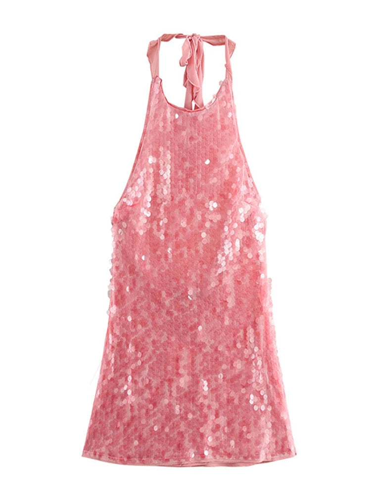 2025 Summer Halter Dress Women Sequined Glitter Lace Up Hanging Neck Dress Fashion Sexy Backless Party Gown Pink Short Dresses