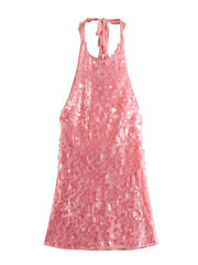 2025 Summer Halter Dress Women Sequined Glitter Lace Up Hanging Neck Dress Fashion Sexy Backless Party Gown Pink Short Dresses