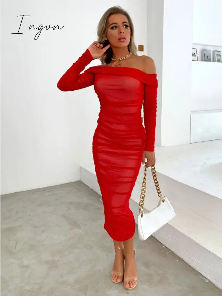 Ingvn - Trends high quality Off Shoulder Ruched Double Layer Mesh Dress Women Long Sleeve Sexy Dresses Ladies Autumn Party Long Christmas Dress