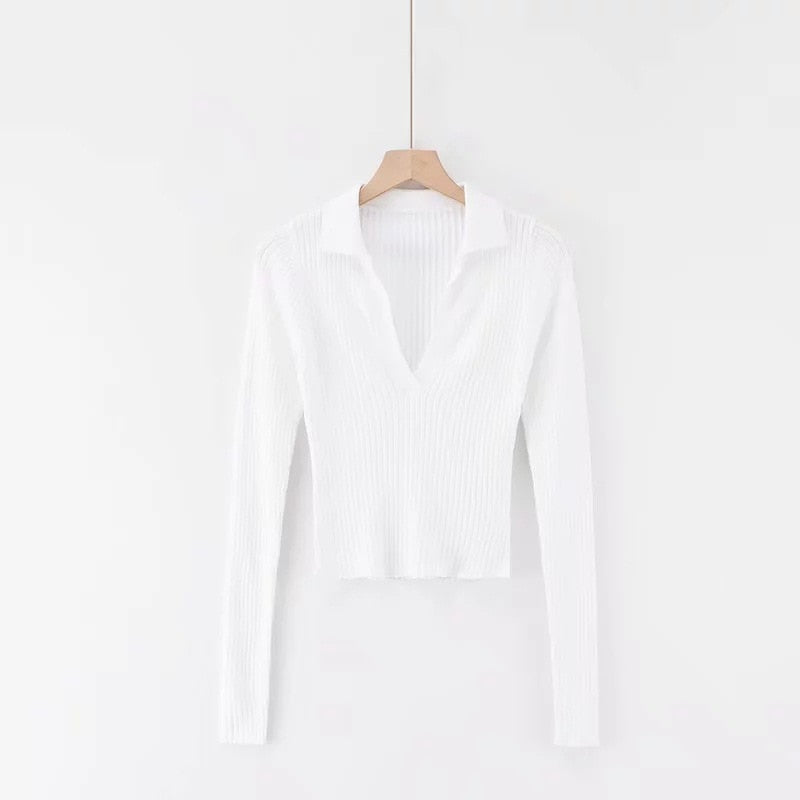 Vintage Knitted Sweater T-shirt Turn-down Collar Long Sleeve Crop Top Shirts Women Autumn Fashion Clothes Top Tees