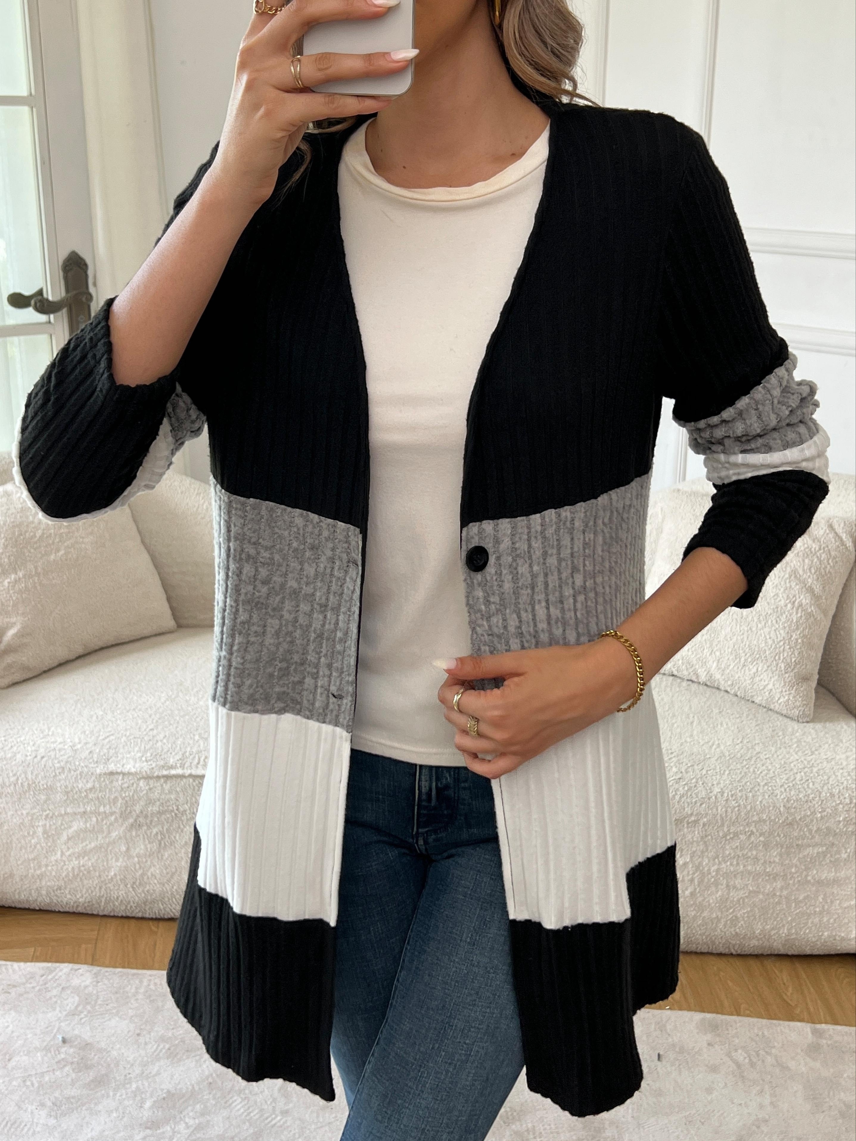 Chic Long Sleeve Colorblock Cardigan - Cozy Knitted Design, Essential Fall & Winter Women's Apparel, Fashion-Forward Button-Up Style