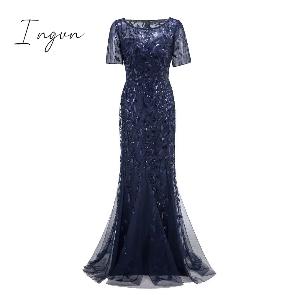 Ingvn - Plus Size Evening Dresses Mermaid O Neck Short Sleeve Lace Appliques Tulle Long Party Gown Robe Soiree Sexy Formal Dress vestido