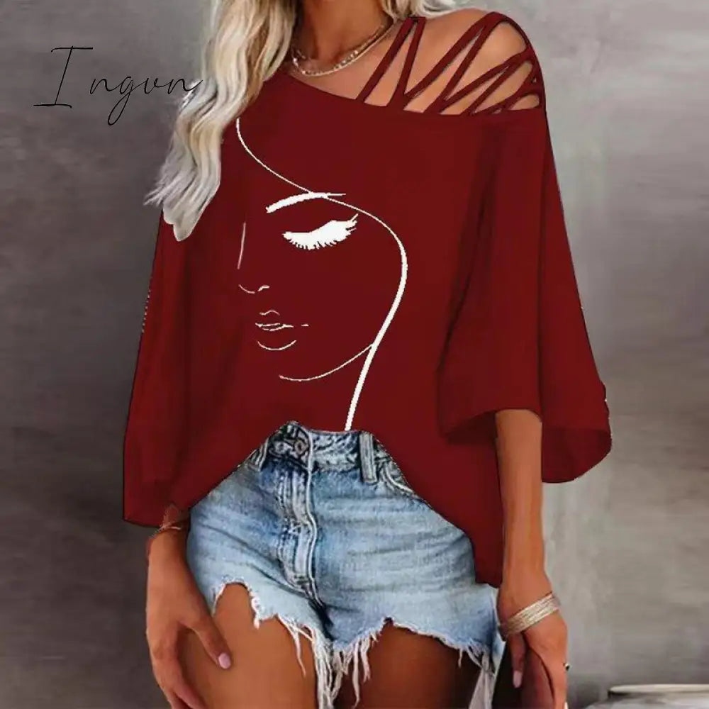 Ingvn - Retro Abstract Print Women Tee Shirts Spring Skew Collar Bandage Hollow Top Pullover Autumn Half Sleeve Office Lady T-shirt
