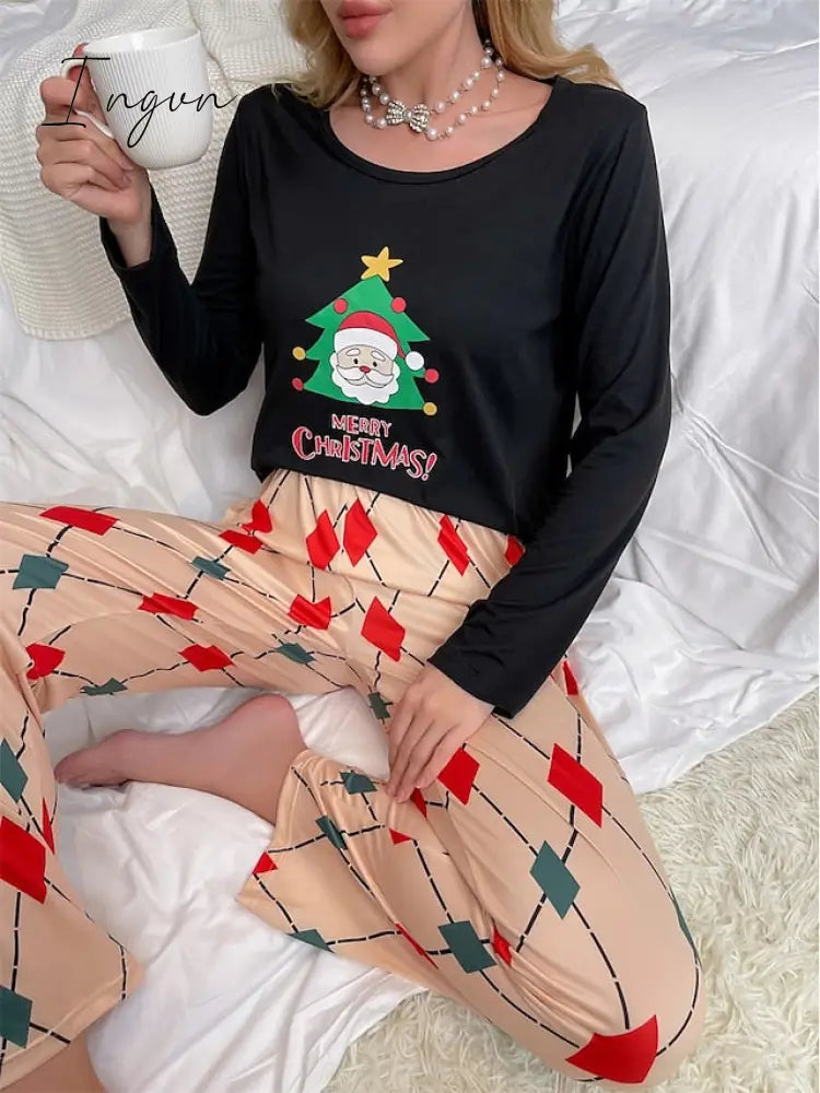 Ingvn - Women's Loungewear Sets Letter Santa Claus Fashion Comfort Soft Home Christmas Daily Polyester Breathable Crew Neck Long Sleeve T shirt Tee Pant Fall Winter 90004