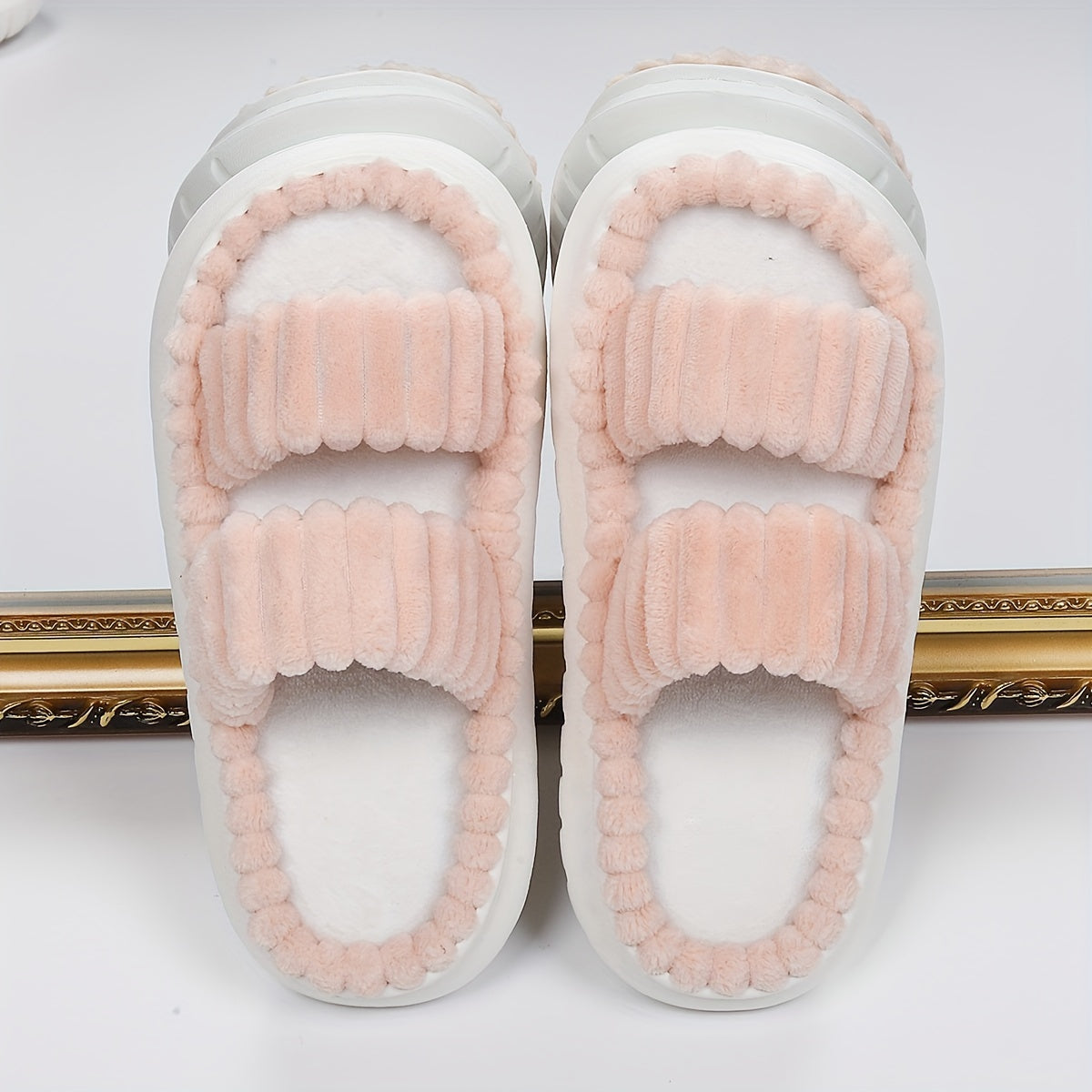 Chic Plush Double-Strap Slippers - Comfy Non-Slip Sole, Open-Toe Design - Stylish Indoor Footwear