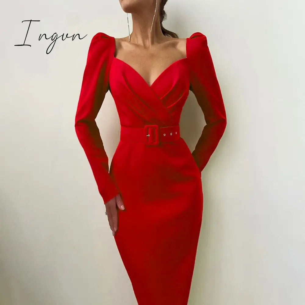 Ingvn - InstaHot Elegant Party Women Dress Slim V Neck Long Sleeve Mid Calf Pencil Dress Casual Office Lady Solid Red Puff Sleeve