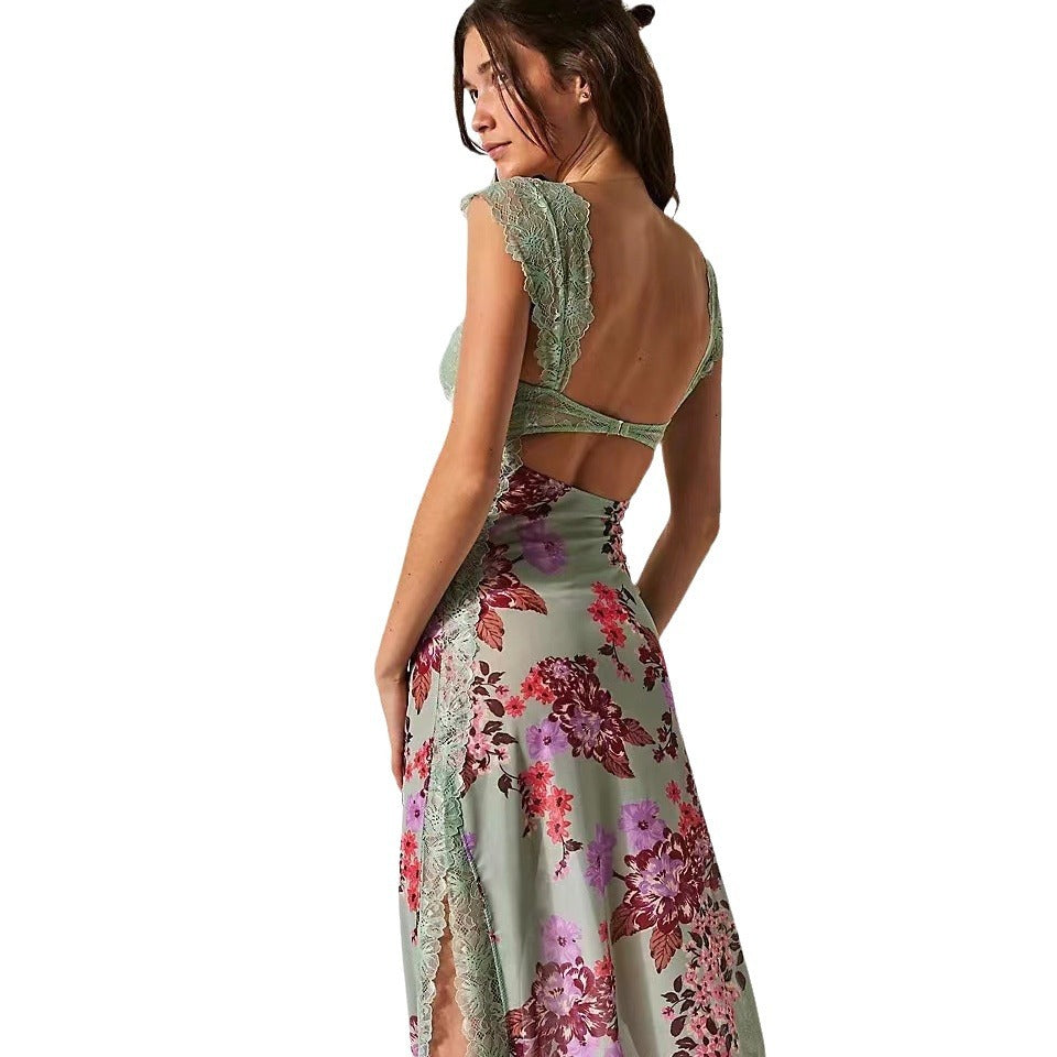 Summer New  Lace Backless Shoulder Strap Stitching Vented Color Long dress Women's Clothing