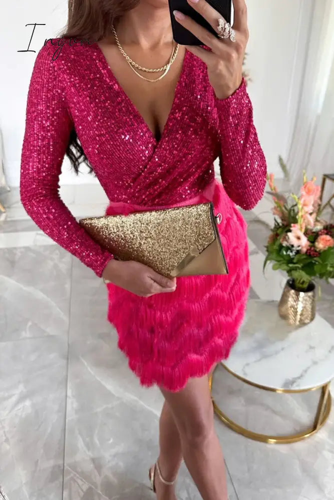 Ingvn - Sexy Solid Tassel Sequins V Neck Wrapped Skirt Dresses