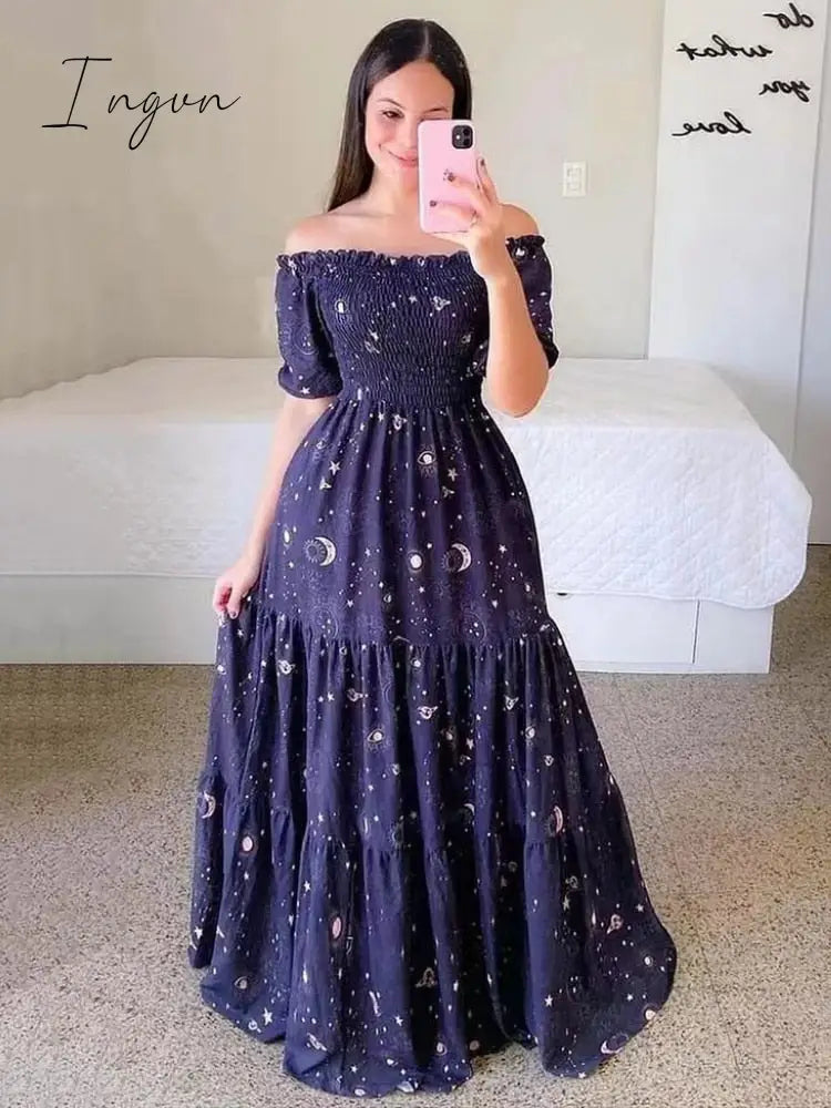 Ingvn - Women's 2023 Butterfly Summer Dress Tube Top Short Sleeve Ruffle Hem A Line Date Night Robes Vacation Bohemian Maxi Dresses XXXL