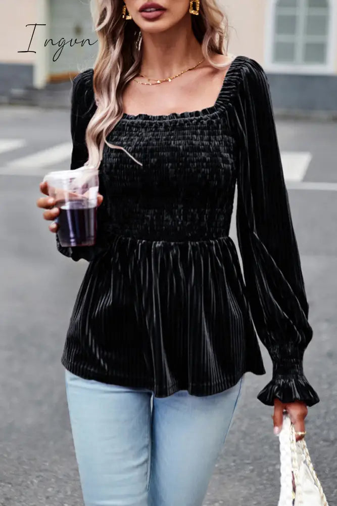 Ingvn - Elegant Solid Fold Square Collar Tops