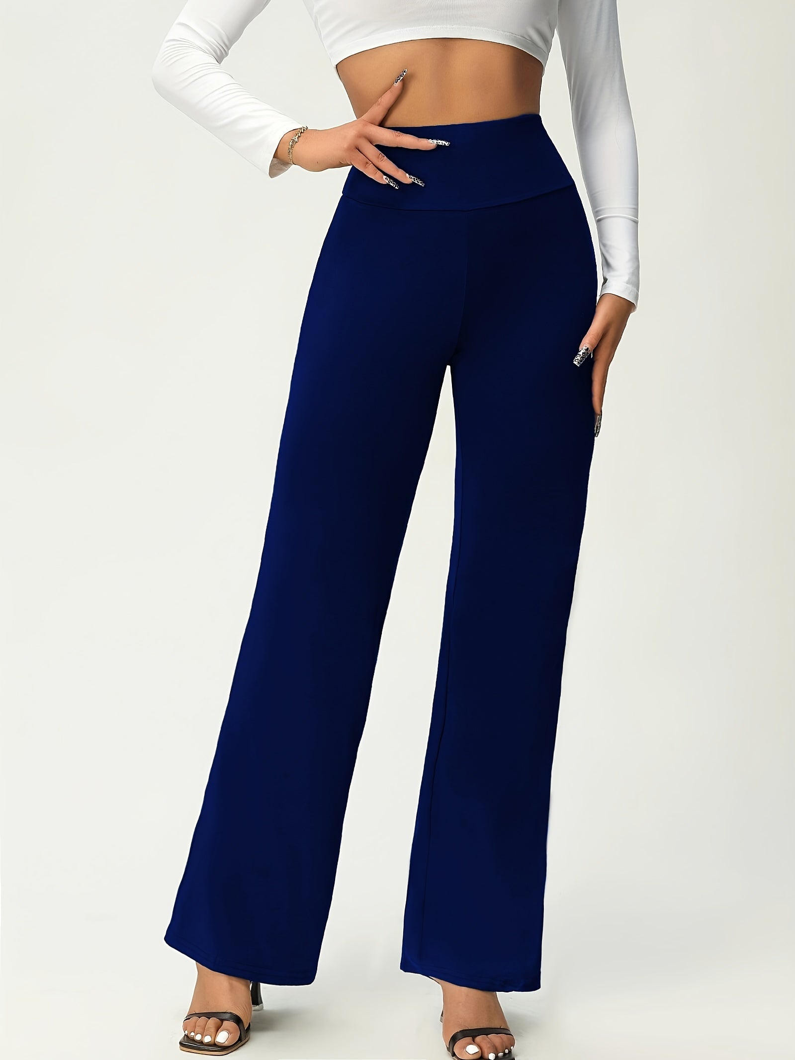Women's Solid Flare Leg Pants, High Waist Stretchy Pants, Casual Every Day Pants, Women's Clothing