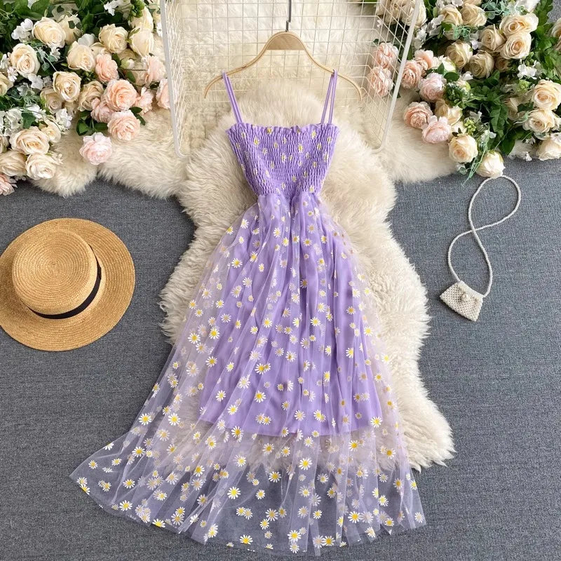 Women Dress 2025 New Korean Fashion Floral Print Spaghetti Straps Mesh Party Dress Vacation Style Lady Beach Vestidos