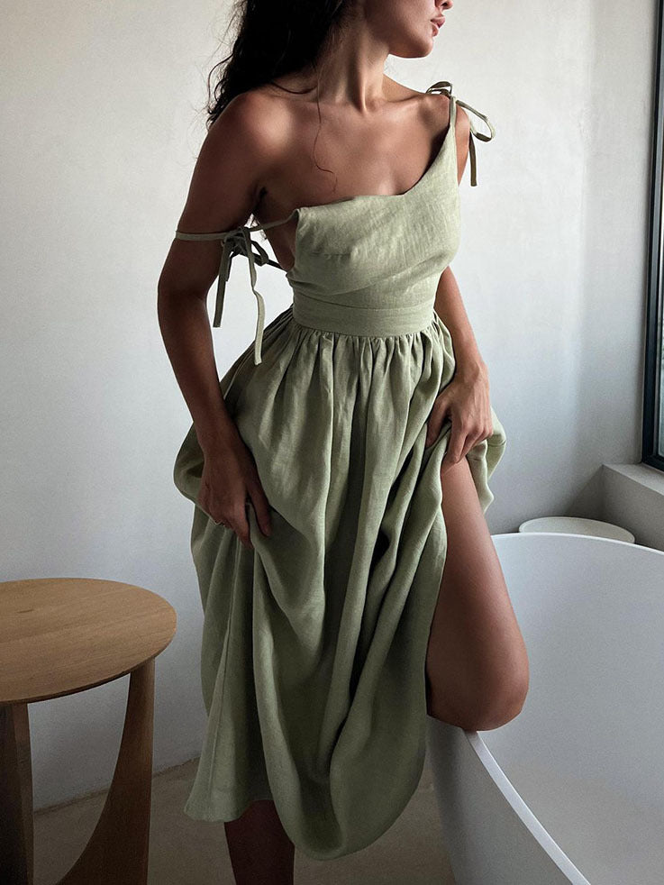 French Holiday Style Sexy Pure Desire Cotton and Linen Strap Backless Strap dress  Women's Clothing