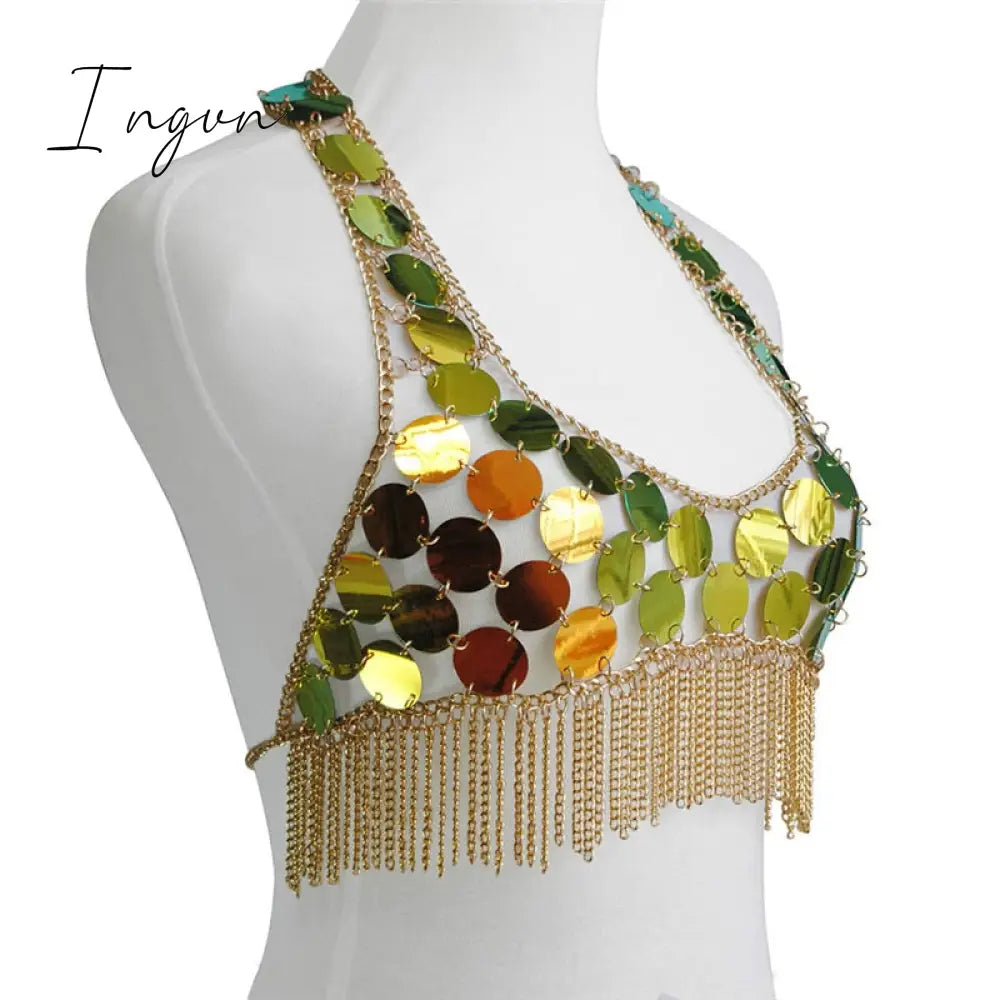 Ingvn - Trends Fashion Gradient Color Shiny Sequins Dots Two Piece Set Low Cut Backless Sleeveless Crop Tops Tassel Mini Skirt Sexy Beach Outfits