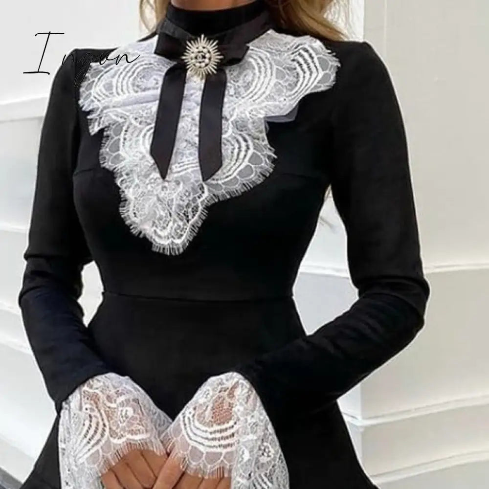 Ingvn - Fashion Trends Women Eyelash Lace Bell Sleeve Ruffles Dress Party Dress Elegant Fashion Dress