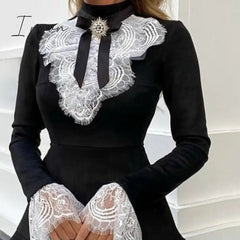 Ingvn - Fashion Trends Women Eyelash Lace Bell Sleeve Ruffles Dress Party Dress Elegant Fashion Dress
