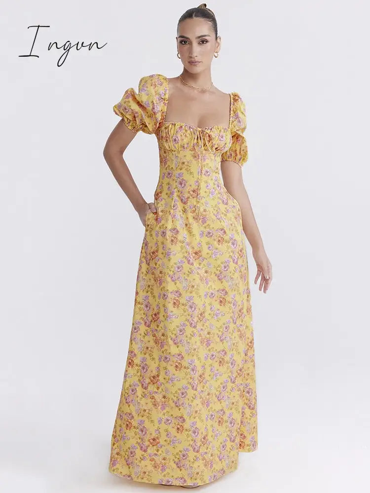 Ingvn - Elegant Puff Sleeve Loose Maxi Dress Women Gown Square Collar Backless A-line Lace-up French Retro Sexy Long Dress