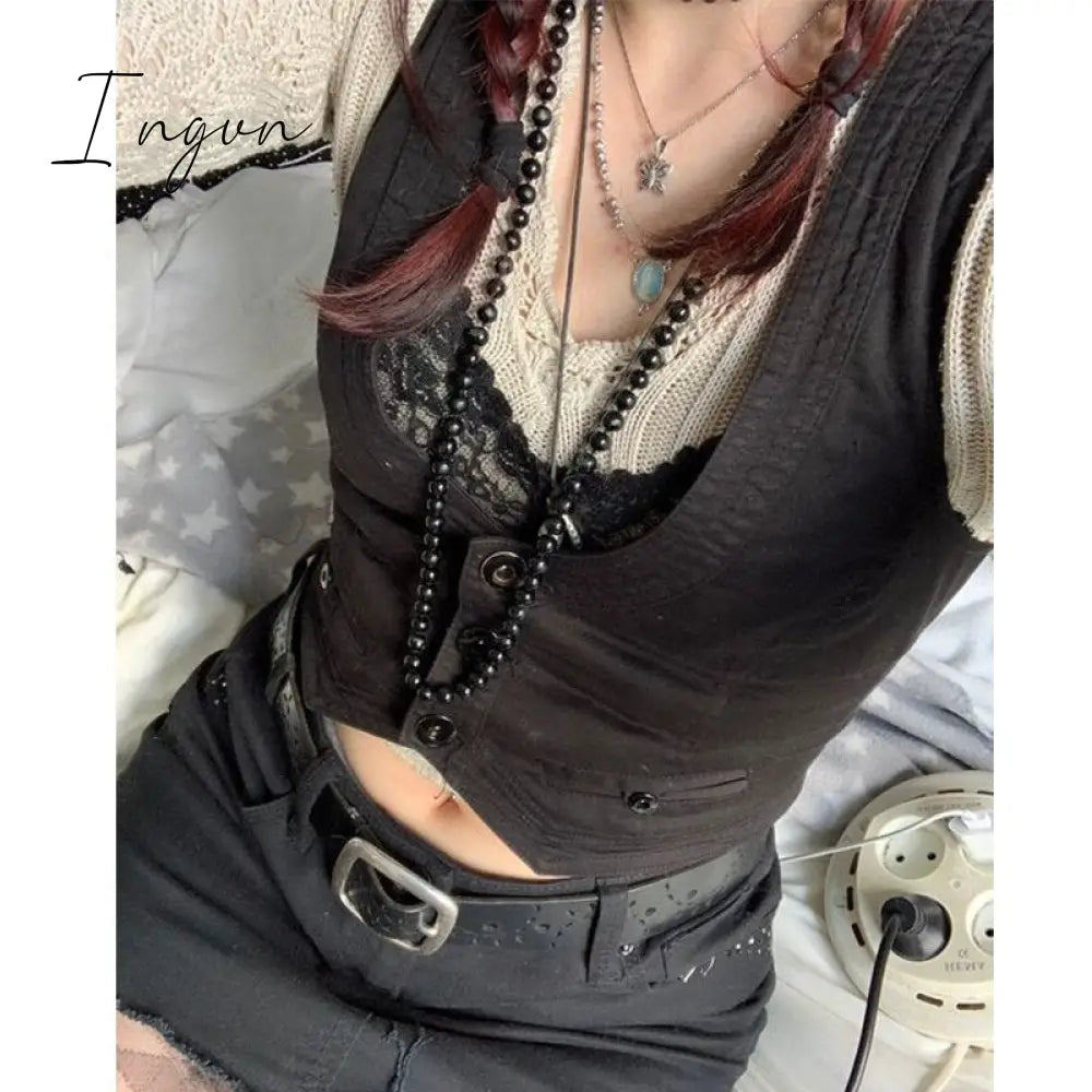 Ingvn - y2k Button Corset Top Black Sleeveless Tank Tops Skinny V Neck Aesthetic Punk Crop Top Grunge Fairycore Women Vests