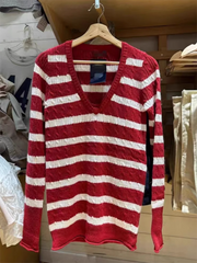 Twisted Flower Stripes Knitted Sweater Woman Autumn V-Neck Long Sleeve Pullover Casual Sweet Cute Preppy Style Y2k Sweaters Chic