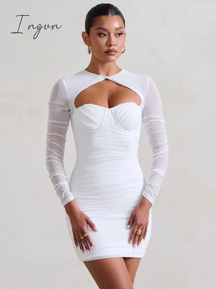 Ingvn - Hollow Out Ruched Sexy Mini Dress For Women Robe New Two Layer Mesh Sheer Long Sleeve Bodycon Sexy Party Short Dress