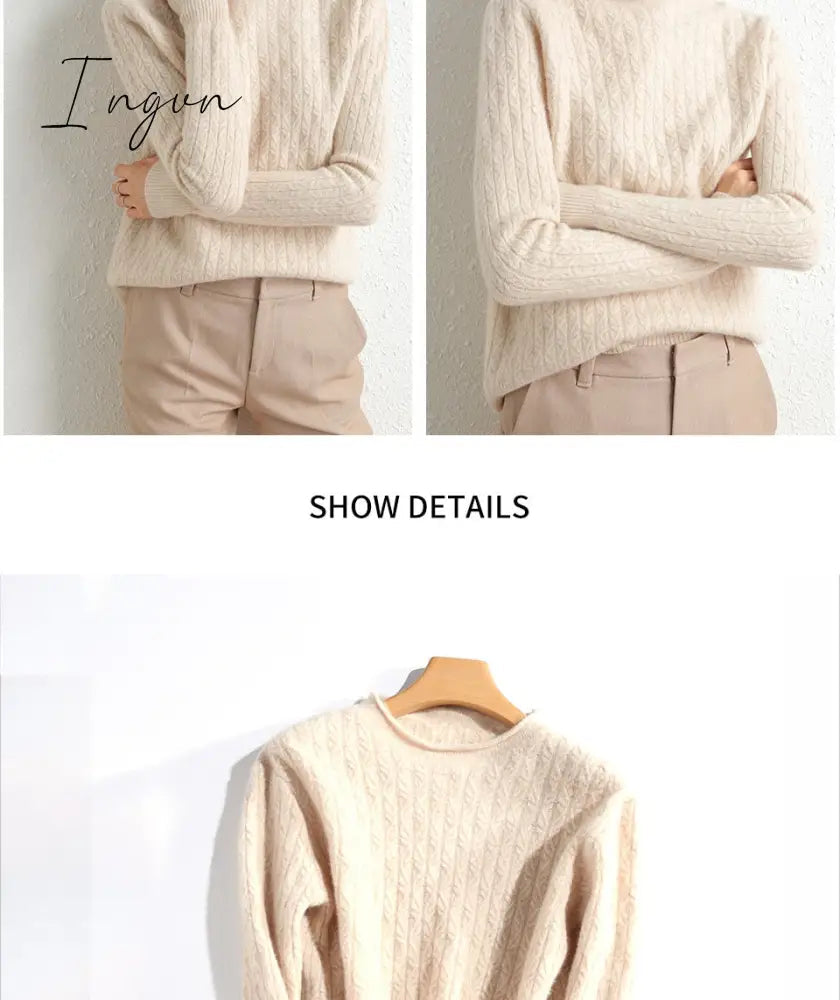 Ingvn - 100% Merino Wool Cashmere Sweater Women Winter Warm O-Neck Long Sleeve Ladies Pullover knitted Autumn Jumper Vintage Sweater